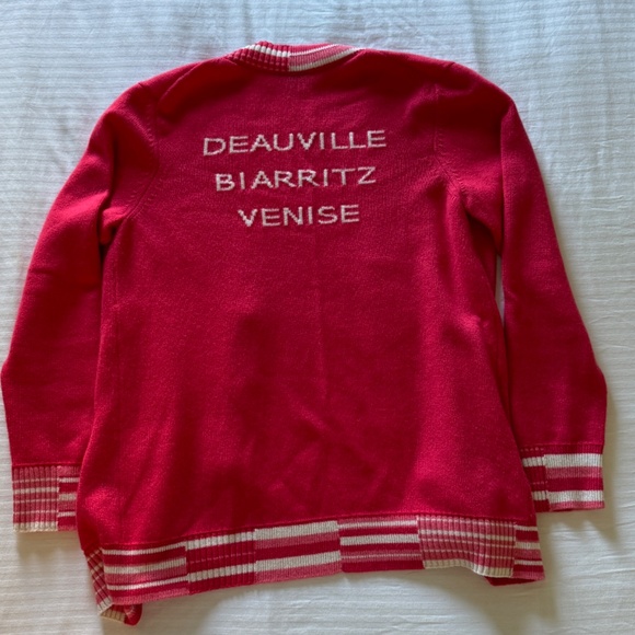 19P CHANEL PINK WHITE CC BUTTON DEAUVILLE BIARRITZ CASHMERE CARDIGAN SWEATER 38 - Picture 2 of 5